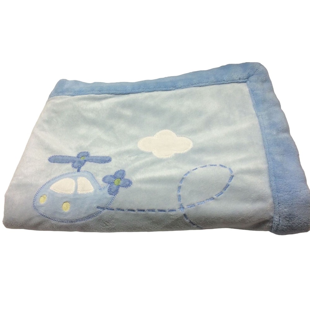 Just One‎ Year Boy Baby Blanket Blue Green Helicopter Airplane Appliqué 38 x 30